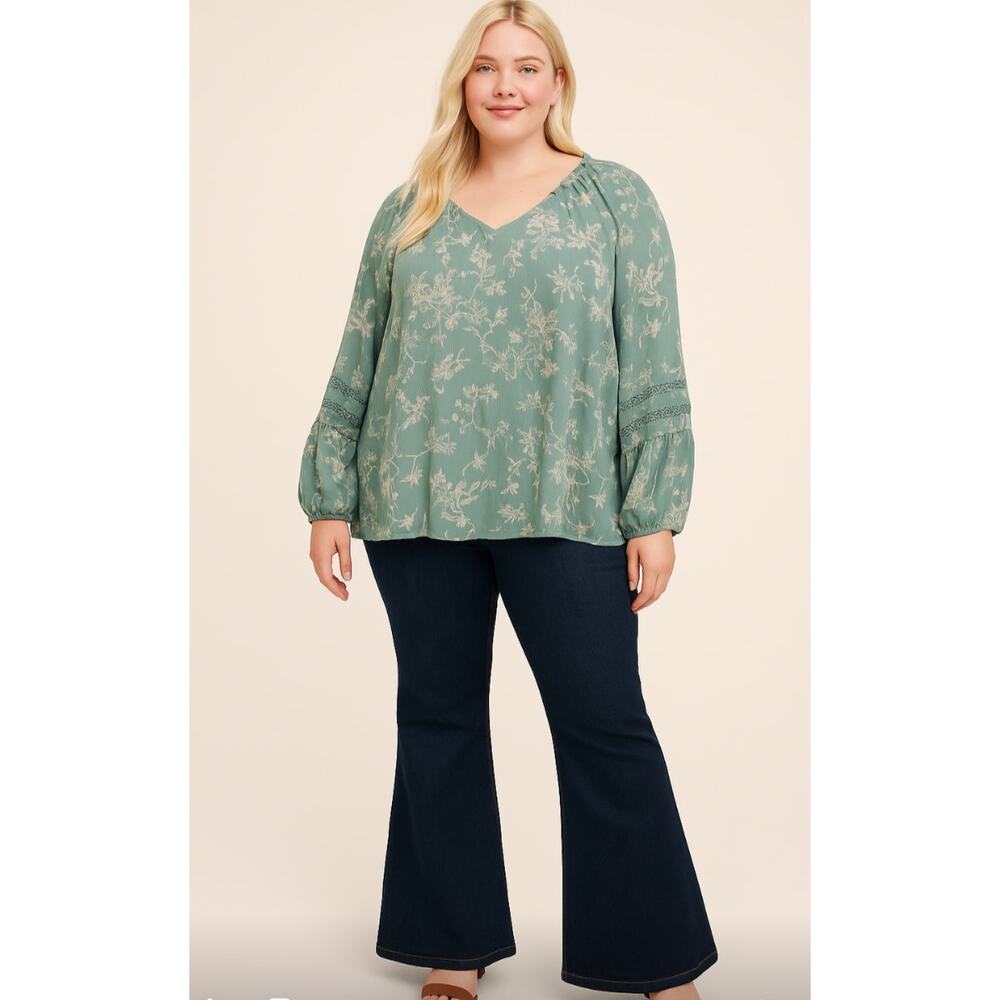Torrid Women's‎ Plus Size 5X Green Floral Boho Peasant Blouse Long Sleeve